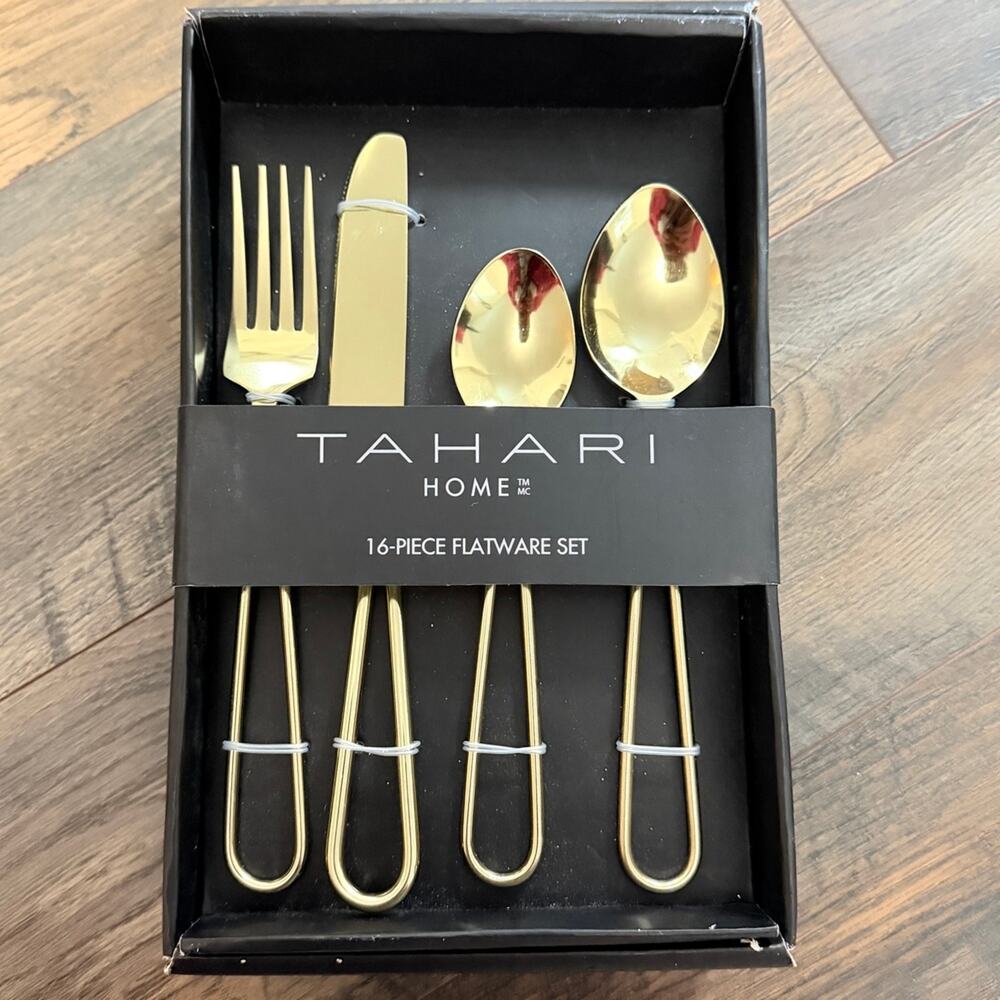 Tahari Home Cutlery Flatware gold color MCM style dining mid-century modern
